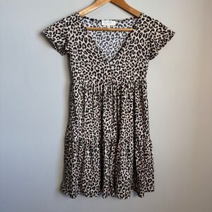 Jessica Simpson Leopard Print Babydoll Tiered Midi Dress Button V-Neck Womens XS